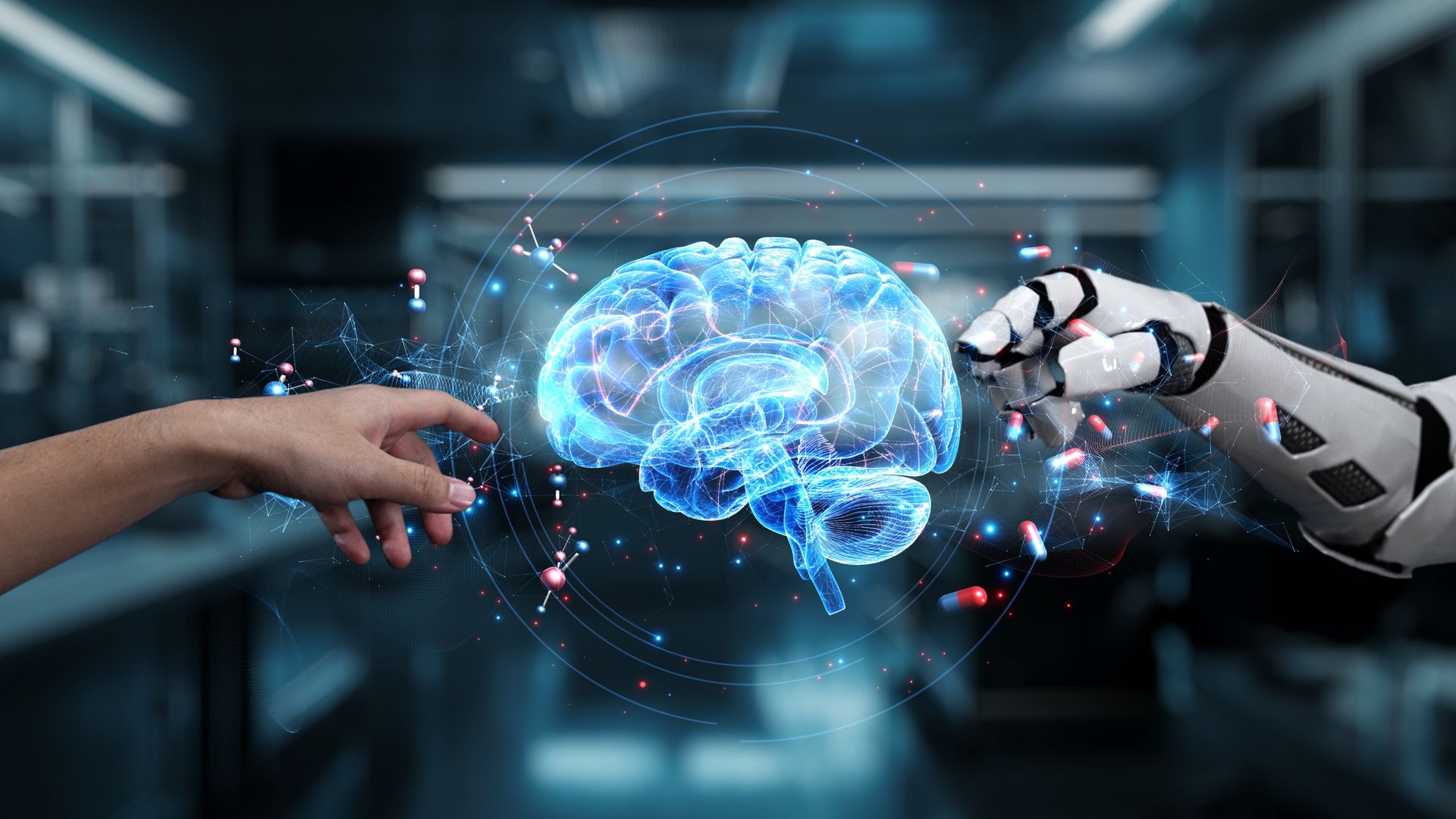 Robot and human reaching hand and pointing with brain icon floating. Salubrious.