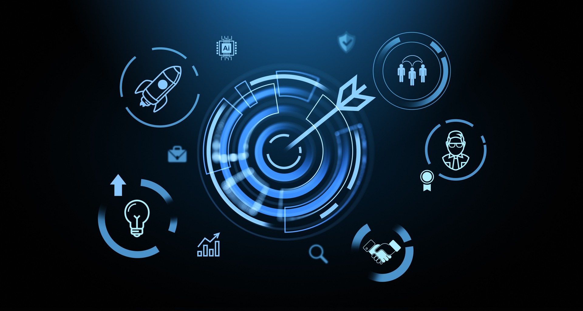 Glowing dartboard with arrow, work process and business goal