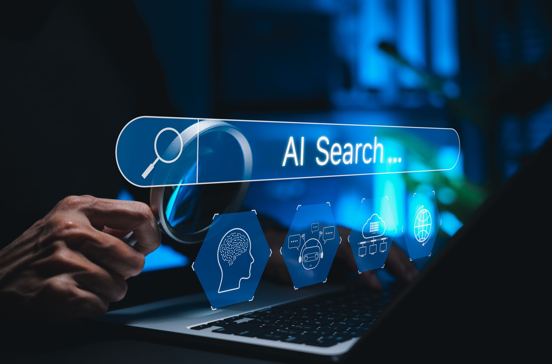AI Search Engine Technology Concept. Person using laptop with AI-powered search bar interface and digital icon representing chatbot, neural network, cloud computing, big data, global search technology
